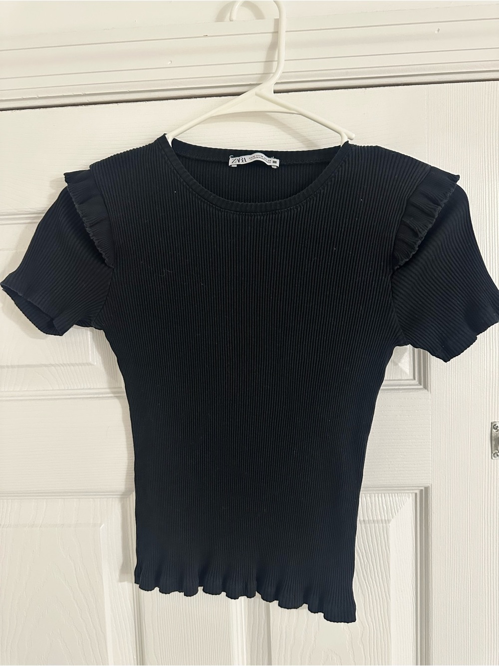 Zara Black Ribbed Short Sleeve Top with Ruffle Shoulders